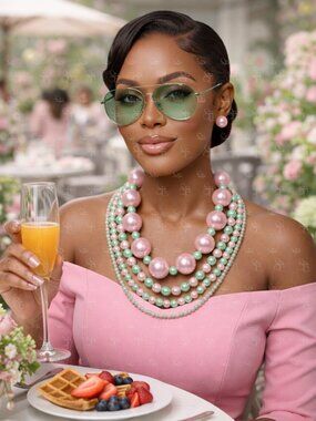 AKA Inspired Pink Green Pearl Layered Necklace Set